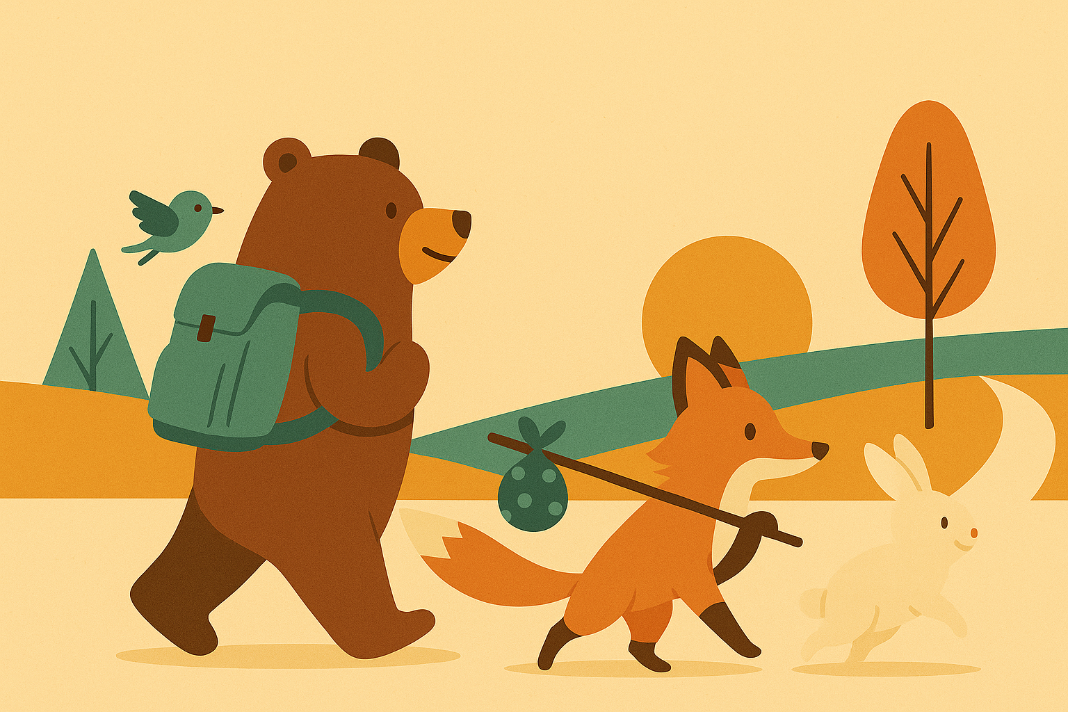 森を歩くクマ・キツネ・ウサギ・小鳥のイラスト